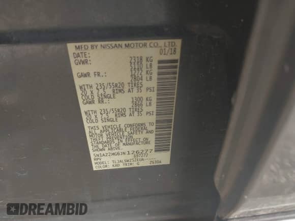 2018 Nissan Murano SV z VIN 5N1AZ2MG6JN126277, wystawiony jako IAAI lot #42394819 z przebiegiem 88 299 mil mil oraz . Historia ofert i sprzedaży dostępna na DreamBid. Obrazek 9.