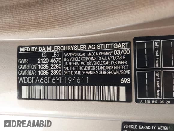 2000 Mercedes-Benz SL 500 с VIN WDBFA68F6YF194611, выставлен на аукционе IAAI как лот 42362699 с пробегом 120 647 миль миль и . История ставок и продаж доступна на DreamBid. Изображение 9.