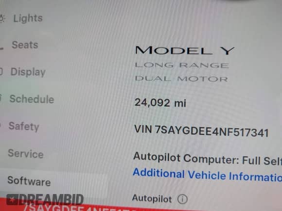2022 Tesla Model Y Long Range с VIN 7SAYGDEE4NF517341, выставлен на аукционе IAAI как лот 43300755 с пробегом 24 092 миль миль и . История ставок и продаж доступна на DreamBid. Изображение 15.