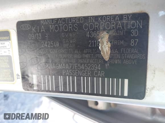 2014 Kia Optima LX с VIN KNAGM4A77E5452394, выставлен на аукционе IAAI как лот 43369247 с пробегом 275 221 миль миль и . История ставок и продаж доступна на DreamBid. Изображение 9.