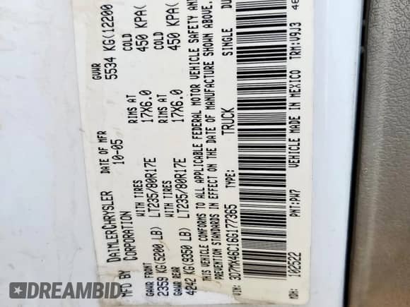 2006 Dodge RAM с VIN 3D7MX46C16G177365, выставлен на аукционе Copart как лот 66105455 с пробегом Не указан миль и Списание • Salvage title. История ставок и продаж доступна на DreamBid. Изображение 12.