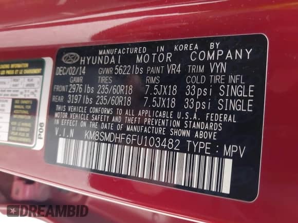 2015 Hyundai Santa Fe GLS с VIN KM8SMDHF6FU103482, выставлен на аукционе IAAI как лот 43547889 с пробегом 150 027 миль миль и . История ставок и продаж доступна на DreamBid. Изображение 9.