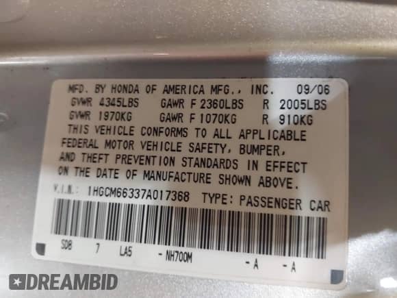 2007 Honda Accord LX with VIN 1HGCM66337A017368, listed as a IAAI auction lot 41602891 with 263,346 mi miles and . Bid and sale history available at DreamBid. Image 9.
