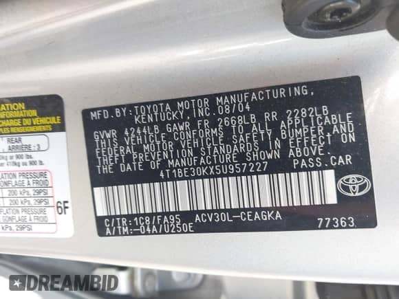 2005 Toyota Camry LE z VIN 4T1BE30KX5U957227, wystawiony jako IAAI lot #43258904 z przebiegiem 161 345 mil mil oraz . Historia ofert i sprzedaży dostępna na DreamBid. Obrazek 9.