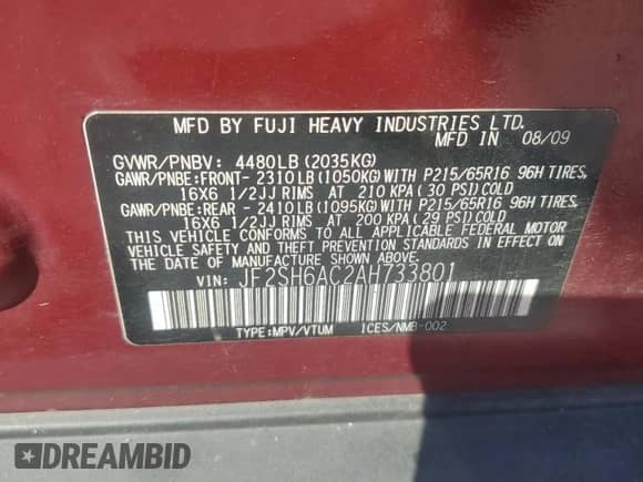 2010 Subaru Forester X with VIN JF2SH6AC2AH733801, listed as a Copart auction lot 83960045 with 203,602 mi miles and Salvage title. Bid and sale history available at DreamBid. Image 13.