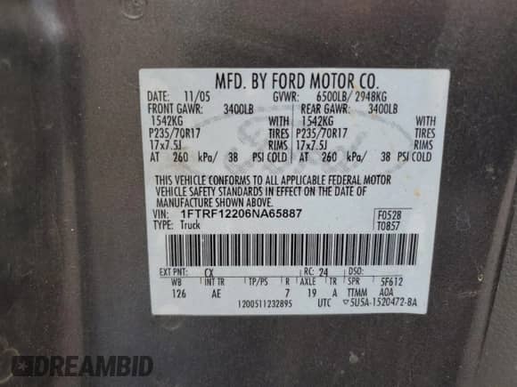 2006 Ford F-150 XL z VIN 1FTRF12206NA65887, wystawiony jako Copart lot #81990025 z przebiegiem Nie podano mil oraz Czysty tytuł • Clean title. Historia ofert i sprzedaży dostępna na DreamBid. Obrazek 12.