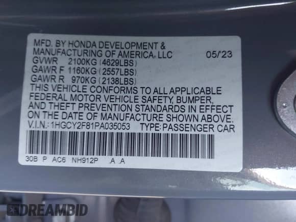 2023 Honda Accord Touring with VIN 1HGCY2F81PA035053, listed as a IAAI auction lot 41807628 with 57,422 mi miles and . Bid and sale history available at DreamBid. Image 9.