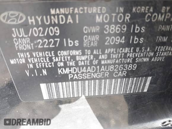 2010 Hyundai Elantra GLS with VIN KMHDU4AD1AU826389, listed as a IAAI auction lot 41901256 with 94,509 mi miles and . Bid and sale history available at DreamBid. Image 9.