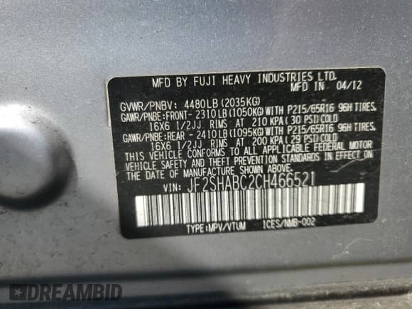 2012 Subaru Forester X with VIN JF2SHABC2CH466521, listed as a Copart auction lot 72006685 with 58,645 mi miles and Salvage title. Bid and sale history available at DreamBid. Image 13.
