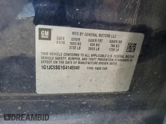 2016 Chevrolet Sonic LT with VIN 1G1JC5SG1G4145949, listed as a Copart auction lot 71039785 with 189,169 mi miles and Salvage title. Bid and sale history available at DreamBid. Image 12.