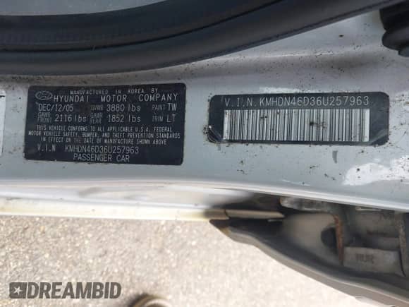 2006 Hyundai Elantra GLS with VIN KMHDN46D36U257963, listed as a IAAI auction lot 43129036 with 174,607 mi miles and . Bid and sale history available at DreamBid. Image 9.