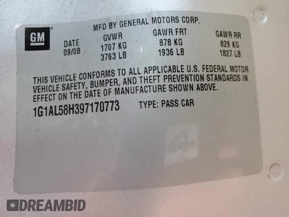 2009 Chevrolet Cobalt с VIN 1G1AL58H397170773, выставлен на аукционе Copart как лот 76011724 с пробегом 151 230 миль миль и Списание • Salvage title. История ставок и продаж доступна на DreamBid. Изображение 12.