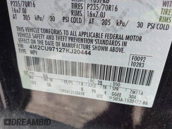 2007 Mercury Mariner Premier with VIN 4M2CU97127KJ20444, listed as a IAAI auction lot 40810464 with 163,702 mi miles and . Bid and sale history available at DreamBid. Image 9.