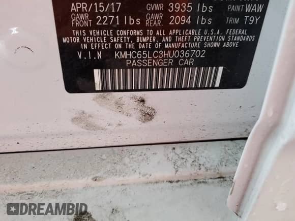 2017 Hyundai Ioniq Blue with VIN KMHC65LC3HU036702, listed as a Copart auction lot 43963793 with 174,952 mi miles and . Bid and sale history available at DreamBid. Image 13.