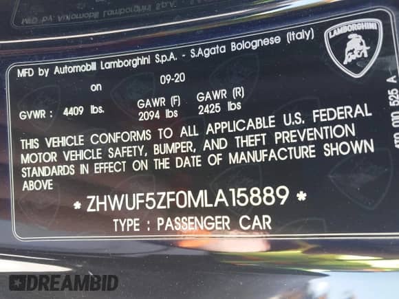 2021 Lamborghini Huracan с VIN ZHWUF5ZF0MLA15889, выставлен на аукционе IAAI как лот 42691369 с пробегом 58 039 миль миль и . История ставок и продаж доступна на DreamBid. Изображение 9.