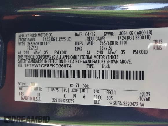 2015 Ford F-150 XL with VIN 1FTEW1CF8FKD36874, listed as a IAAI auction lot 43469039 with 153,011 mi miles and . Bid and sale history available at DreamBid. Image 9.