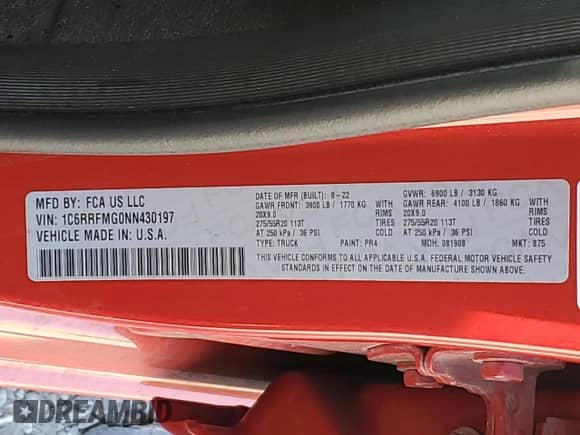 2022 Ram 1500 Big Horn with VIN 1C6RRFMG0NN430197, listed as a Copart auction lot 85563945 with 32,592 mi miles and Salvage title. Bid and sale history available at DreamBid. Image 12.