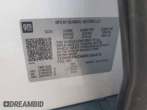 2024 Chevrolet Tahoe Z71 with VIN 1GNSKPKD6RR160475, listed as a IAAI auction lot 42819834 with 23,239 mi miles and . Bid and sale history available at DreamBid. Image 9.