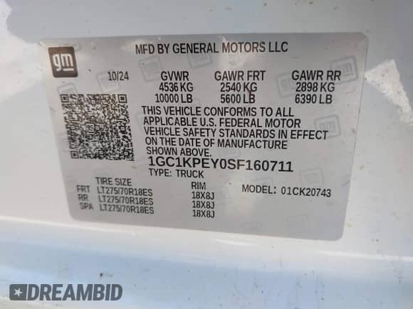 2025 Chevrolet Silverado 2500HD with VIN 1GC1KPEY0SF160711, listed as a IAAI auction lot 41984112 with 316 mi miles and . Bid and sale history available at DreamBid. Image 9.