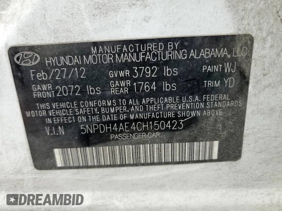 2012 Hyundai Elantra GLS z VIN 5NPDH4AE4CH150423, wystawiony jako Copart lot #81105585 z przebiegiem 110 458 mil mil oraz Szkoda całkowita • Salvage title. Historia ofert i sprzedaży dostępna na DreamBid. Obrazek 13.