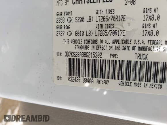 2008 Dodge 2500 SLT with VIN 3D7KS28A38G215302, listed as a IAAI auction lot 41284822 with 204,745 mi miles and . Bid and sale history available at DreamBid. Image 9.