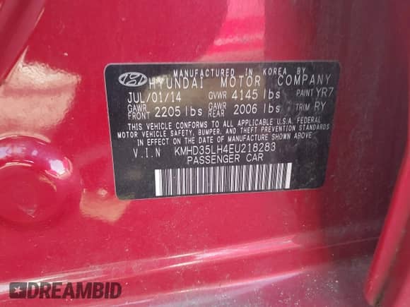 2014 Hyundai Elantra with VIN KMHD35LH4EU218283, listed as a IAAI auction lot 42892914 with 132,660 mi miles and . Bid and sale history available at DreamBid. Image 9.