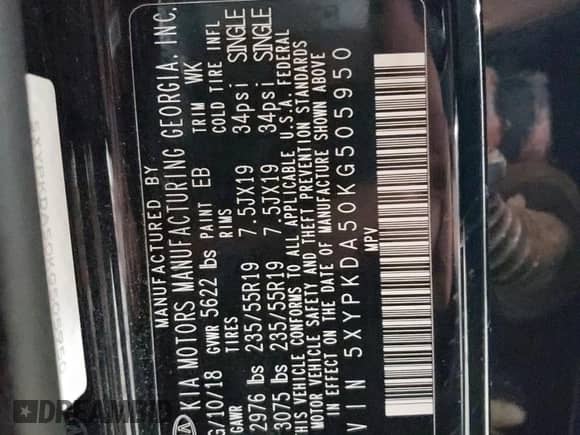 2019 Kia Sorento SX Limited with VIN 5XYPKDA50KG505950, listed as a Copart auction lot 59388965 with 68,583 mi miles and Clean title. Bid and sale history available at DreamBid. Image 13.