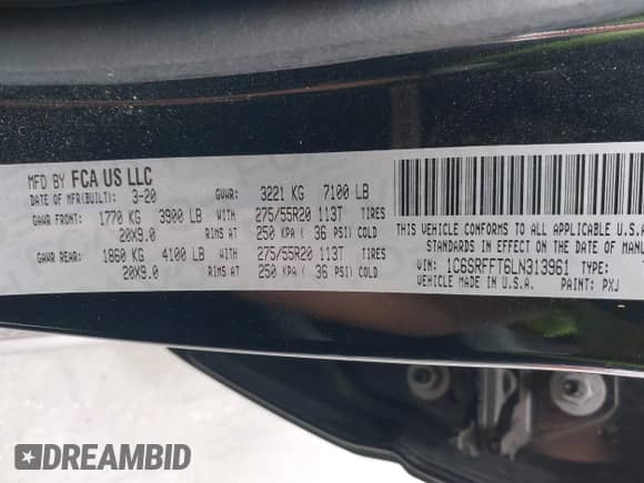 2020 Ram 1500 Lone Star with VIN 1C6SRFFT6LN313961, listed as a IAAI auction lot 43384581 with 69,255 mi miles and . Bid and sale history available at DreamBid. Image 9.