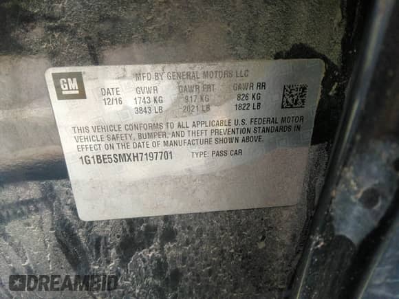 2017 Chevrolet Cruze LT с VIN 1G1BE5SMXH7197701, выставлен на аукционе IAAI как лот 43202080 с пробегом Не указан миль и . История ставок и продаж доступна на DreamBid. Изображение 9.