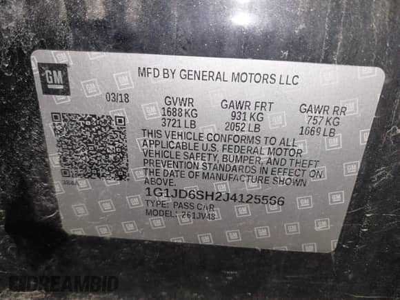 2018 Chevrolet Sonic LT with VIN 1G1JD6SH2J4125566, listed as a IAAI auction lot 42224473 with 74,246 mi miles and . Bid and sale history available at DreamBid. Image 9.