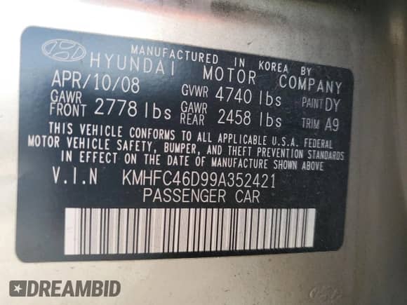 2009 Hyundai Azera GLS с VIN KMHFC46D99A352421, выставлен на аукционе Copart как лот 56796815 с пробегом 56 104 миль миль и Чистый • Clean title. История ставок и продаж доступна на DreamBid. Изображение 12.