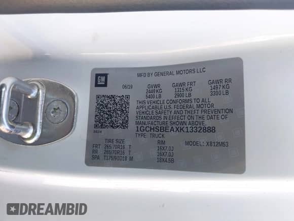 2019 Chevrolet Colorado 2WD Work Truck with VIN 1GCHSBEAXK1332888, listed as a IAAI auction lot 43367778 with 60,024 mi miles and . Bid and sale history available at DreamBid. Image 9.