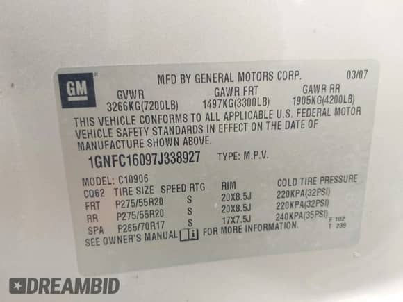 2007 Chevrolet Suburban LS z VIN 1GNFC16097J338927, wystawiony jako IAAI lot #43359757 z przebiegiem 159 189 mil mil oraz . Historia ofert i sprzedaży dostępna na DreamBid. Obrazek 9.