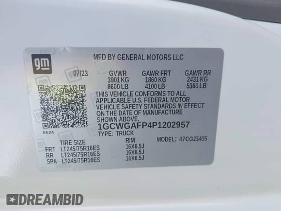 2023 Chevrolet Express Cargo with VIN 1GCWGAFP4P1202957, listed as a IAAI auction lot 43298343 with 36,463 mi miles and . Bid and sale history available at DreamBid. Image 9.
