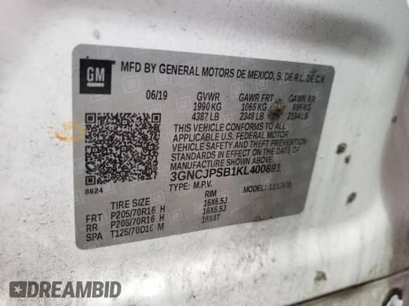 2019 Chevrolet Trax LT с VIN 3GNCJPSB1KL400891, выставлен на аукционе Copart как лот 83857875 с пробегом 81 785 миль миль и Списание • Salvage title. История ставок и продаж доступна на DreamBid. Изображение 13.