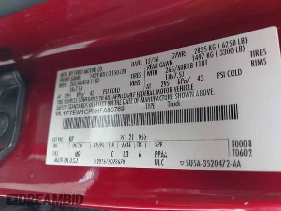 2017 Ford F-150 XL z VIN 1FTEW1CP6HFA80769, wystawiony jako IAAI lot #42801630 z przebiegiem 107 129 mil mil oraz . Historia ofert i sprzedaży dostępna na DreamBid. Obrazek 9.