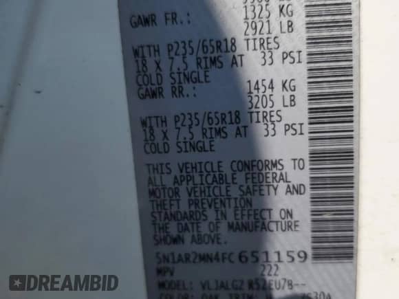 2015 Nissan Pathfinder SL with VIN 5N1AR2MN4FC651159, listed as a Copart auction lot 70598595 with 118,562 mi miles and Clean title. Bid and sale history available at DreamBid. Image 14.