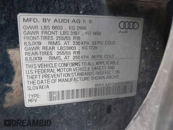 2017 Audi Q7 Premium Plus with VIN WA1LAAF72HD035643, listed as a IAAI auction lot 43012406 with 157,938 mi miles and . Bid and sale history available at DreamBid. Image 9.