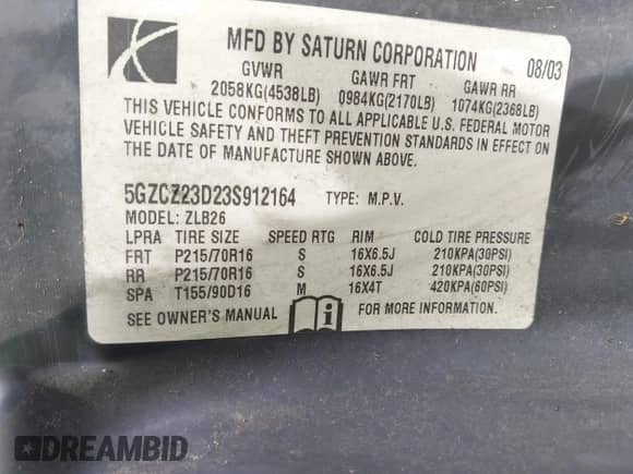 2003 Saturn VUE с VIN 5GZCZ23D23S912164, выставлен на аукционе IAAI как лот 42618213 с пробегом 280 136 миль миль и . История ставок и продаж доступна на DreamBid. Изображение 9.