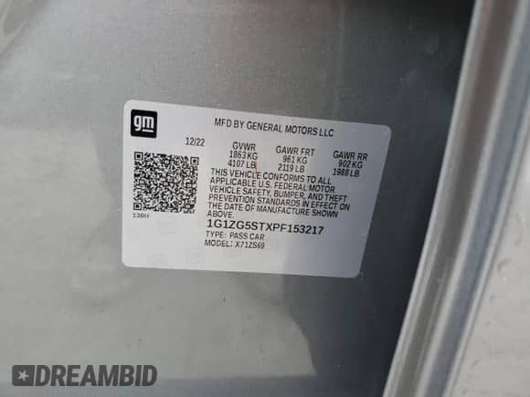 2023 Chevrolet Malibu RS с VIN 1G1ZG5STXPF153217, выставлен на аукционе Copart как лот 48005305 с пробегом 22 264 миль миль и Списание • Salvage title. История ставок и продаж доступна на DreamBid. Изображение 12.