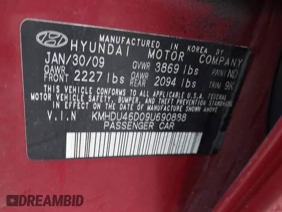 2009 Hyundai Elantra GLS с VIN KMHDU46D09U690888, выставлен на аукционе IAAI как лот 43479867 с пробегом 117 719 миль миль и . История ставок и продаж доступна на DreamBid. Изображение 9.