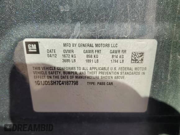 2012 Chevrolet Sonic LT с VIN 1G1JD5SH7C4187798, выставлен на аукционе Copart как лот 49811815 с пробегом 150 763 миль миль и Списание • Salvage title. История ставок и продаж доступна на DreamBid. Изображение 13.