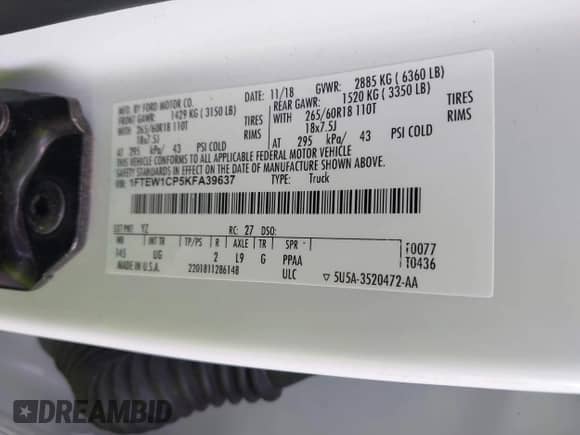 2019 Ford F-150 XL with VIN 1FTEW1CP5KFA39637, listed as a IAAI auction lot 43299566 with 113,079 mi miles and . Bid and sale history available at DreamBid. Image 9.