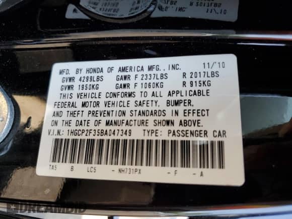 2011 Honda Accord LX с VIN 1HGCP2F35BA047349, выставлен на аукционе Copart как лот 68155605 с пробегом 162 016 миль миль и Списание • Salvage title. История ставок и продаж доступна на DreamBid. Изображение 13.
