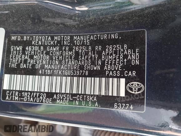 2016 Toyota Camry SE с VIN 4T1BF1FK1GU539778, выставлен на аукционе IAAI как лот 43088970 с пробегом 126 914 миль миль и . История ставок и продаж доступна на DreamBid. Изображение 9.