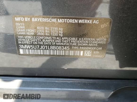 2020 BMW 3 Series M340i z VIN 3MW5U7J01L8B08345, wystawiony jako Copart lot #61428655 z przebiegiem Nie podano mil oraz Szkoda całkowita • Salvage title. Historia ofert i sprzedaży dostępna na DreamBid. Obrazek 12.