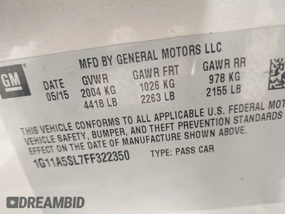 2015 Chevrolet Malibu LS z VIN 1G11A5SL7FF322350, wystawiony jako IAAI lot #43042988 z przebiegiem 198 480 mil mil oraz . Historia ofert i sprzedaży dostępna na DreamBid. Obrazek 9.