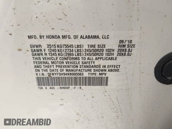 2019 Honda Pilot Touring 8-Passenger z VIN 5FNYF5H94KB005563, wystawiony jako IAAI lot #42059065 z przebiegiem 117 794 mil mil oraz . Historia ofert i sprzedaży dostępna na DreamBid. Obrazek 9.