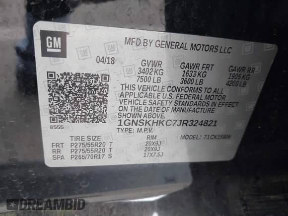 2018 Chevrolet Suburban LT z VIN 1GNSKHKC7JR324821, wystawiony jako IAAI lot #43182054 z przebiegiem 119 600 mil mil oraz . Historia ofert i sprzedaży dostępna na DreamBid. Obrazek 9.