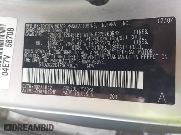 2007 Toyota Sienna XLE z VIN 5TDZK22C47S093021, wystawiony jako IAAI lot #42925993 z przebiegiem 195 232 mil mil oraz . Historia ofert i sprzedaży dostępna na DreamBid. Obrazek 9.